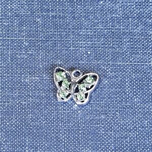 Vintage Silver Tone Butterfly Charm Green Rhinestone Sparkly Dainty Pendant 0.5"
